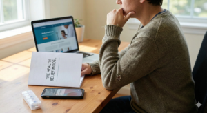 A person in a sweater at a wooden desk, looking thoughtfully at a laptop. On the desk are an open booklet titled "THE HEALTH BELIEF MODEL," a smartphone with a notification, and a weekly pill organizer.