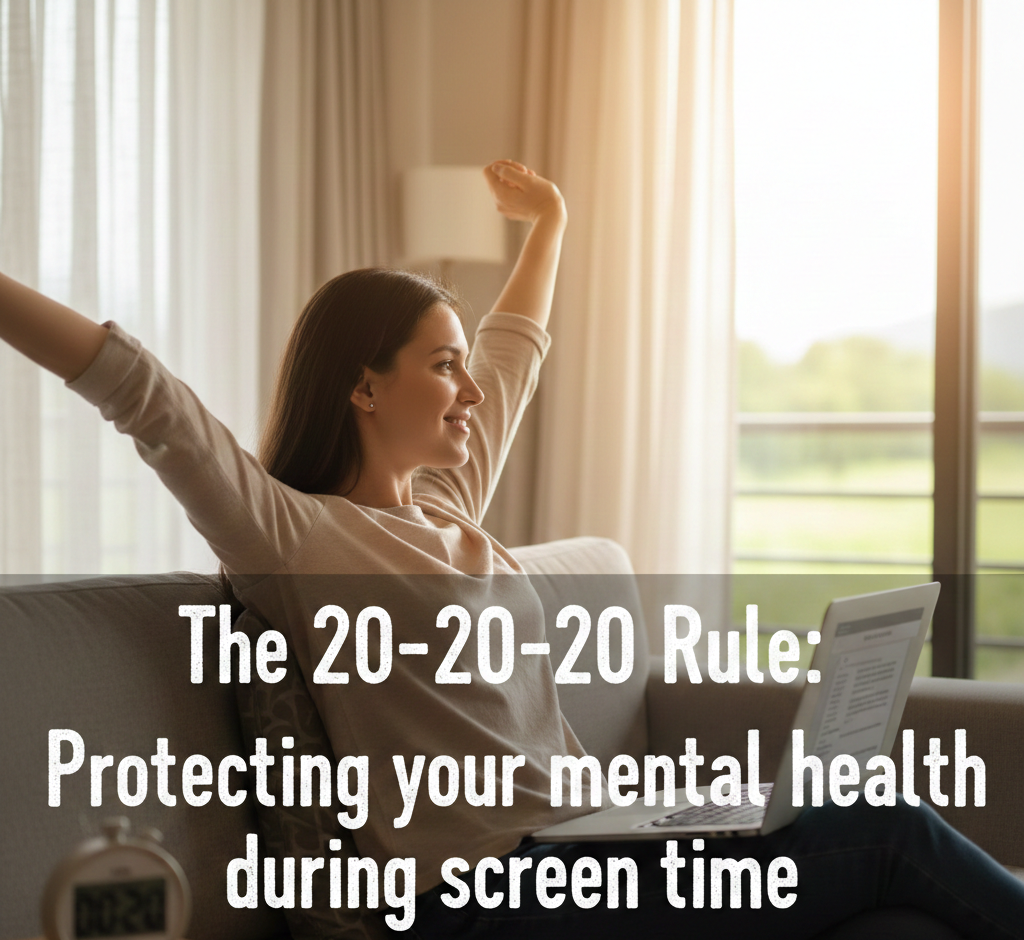 A high-quality lifestyle photograph of a woman sitting on a sofa with a laptop, smiling and stretching her arms during a break. Text overlay reads "The 20-20-20 Rule: Protecting your mental health during screen time."