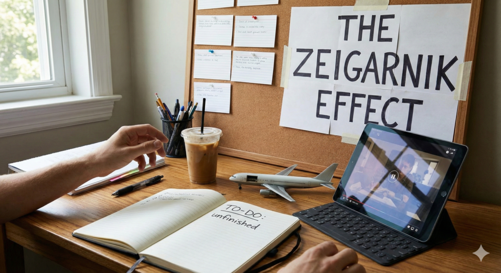 A person's hands are at a wooden desk with an open notebook showing "TO-DO: unfinished". A large sign on a corkboard behind them says "THE ZEIGARNIK EFFECT". A tablet with a paused video, an iced coffee, and a model airplane are also on the desk.