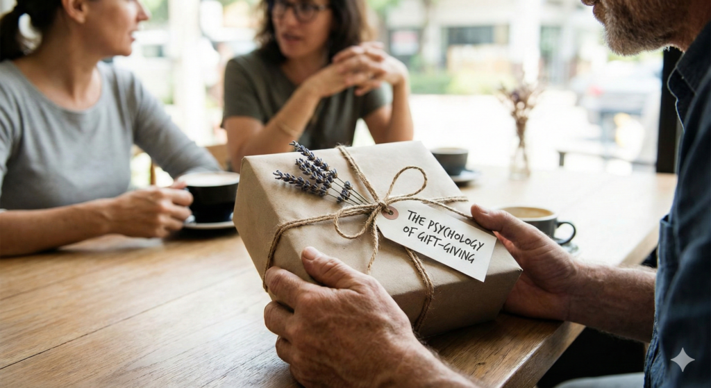 "Close-up of hands holding a wrapped gift box with a tag reading 'The Psychology of Gift-Giving,' set against a blurred background of people talking, representing social signaling and connection."