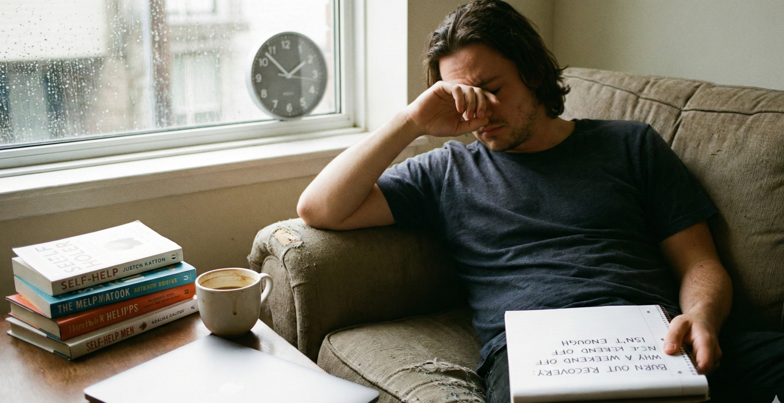 A tired man sits on a couch with his hand over his eyes, next to a stack of self-help books and a notebook that reads "Burnout Recovery: Why a Weekend Off Isn't Enough."