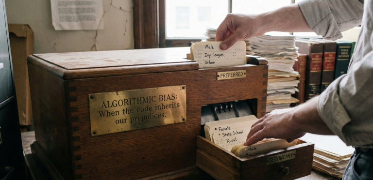 A vintage wooden card sorting machine labeled "Algorithmic Bias." It sorts index cards into "Preferred" and "Secondary" slots based on labels like "Male," "Ivy League," "Female," and "State School," symbolizing systemic prejudice in code.