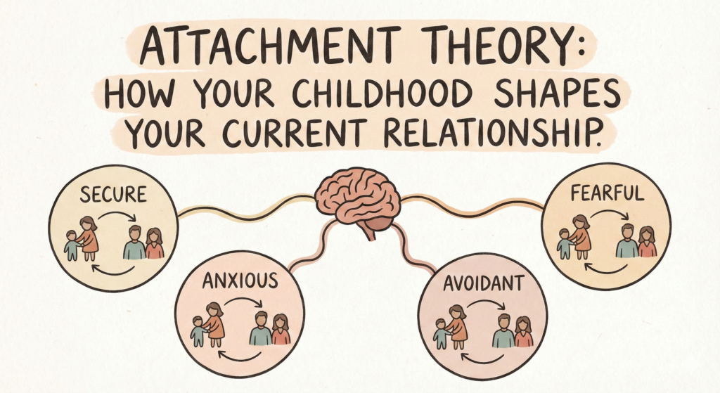 Hand-drawn infographic titled 'ATTACHMENT THEORY: HOW YOUR CHILDHOOD SHAPES YOUR CURRENT RELATIONSHIP.' A central brain connects via wavy lines to four circles labeled 'SECURE,' 'ANXIOUS,' 'AVOIDANT,' and 'FEARFUL,' each containing icons of a caregiver-child interaction and an adult couple with arrows showing relationship dynamics.
