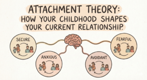 Hand-drawn infographic titled 'ATTACHMENT THEORY: HOW YOUR CHILDHOOD SHAPES YOUR CURRENT RELATIONSHIP.' A central brain connects via wavy lines to four circles labeled 'SECURE,' 'ANXIOUS,' 'AVOIDANT,' and 'FEARFUL,' each containing icons of a caregiver-child interaction and an adult couple with arrows showing relationship dynamics.