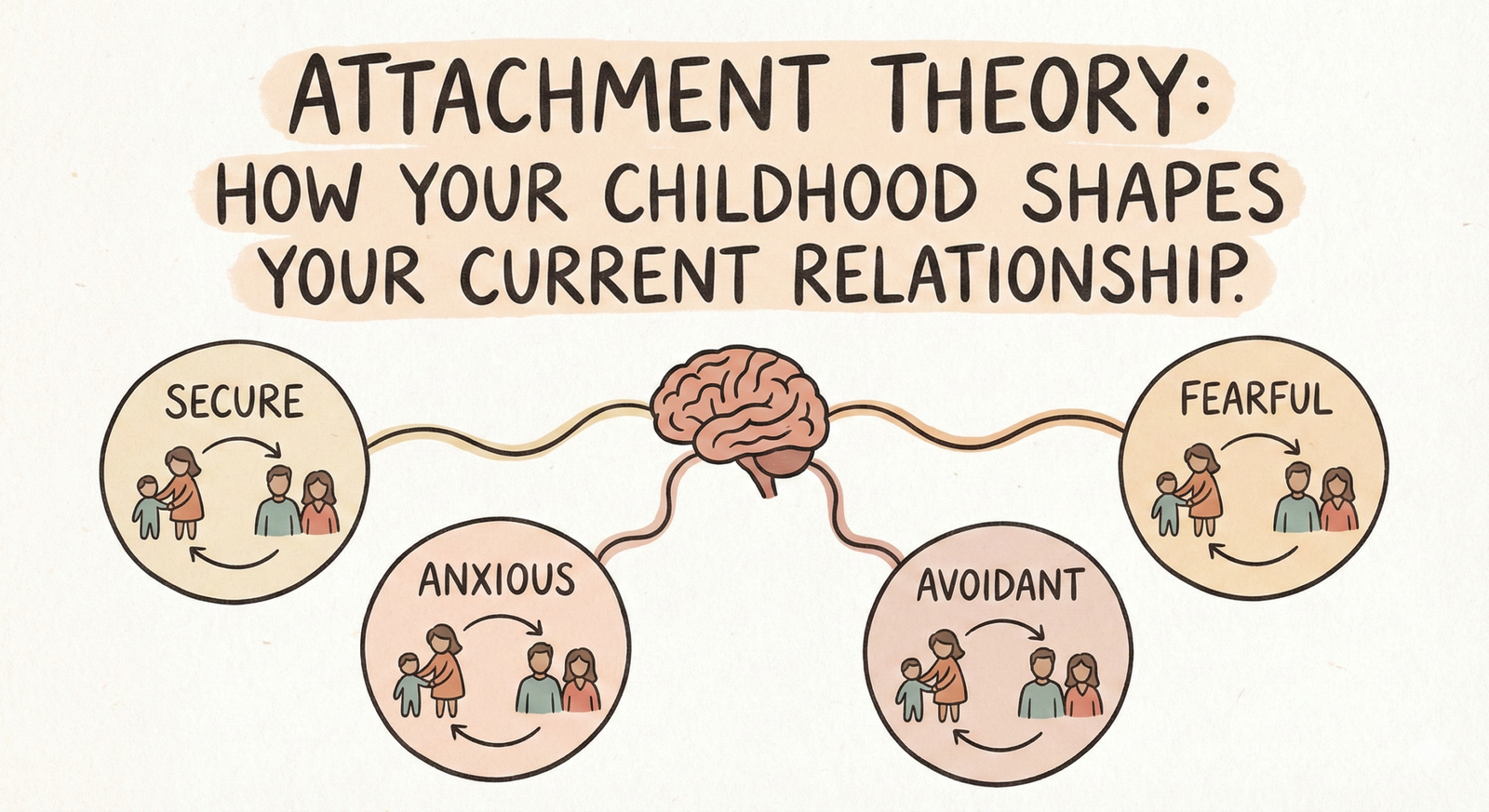 Hand-drawn infographic titled 'ATTACHMENT THEORY: HOW YOUR CHILDHOOD SHAPES YOUR CURRENT RELATIONSHIP.' A central brain connects via wavy lines to four circles labeled 'SECURE,' 'ANXIOUS,' 'AVOIDANT,' and 'FEARFUL,' each containing icons of a caregiver-child interaction and an adult couple with arrows showing relationship dynamics.