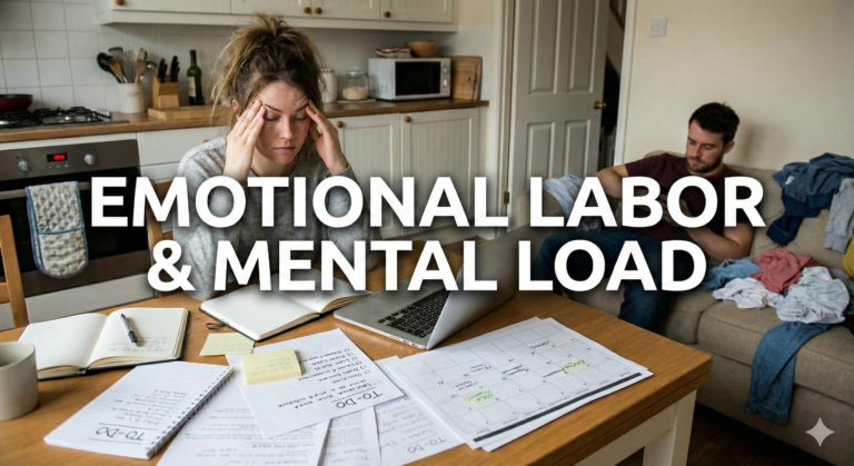 "A stressed couple sitting at a table illustrating the effects of emotional labor in relationships and mental load."