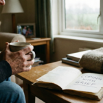 A person holding a warm cup by a rainy window, sitting next to an open journal with the handwritten words "Coping with Grief" on the page.