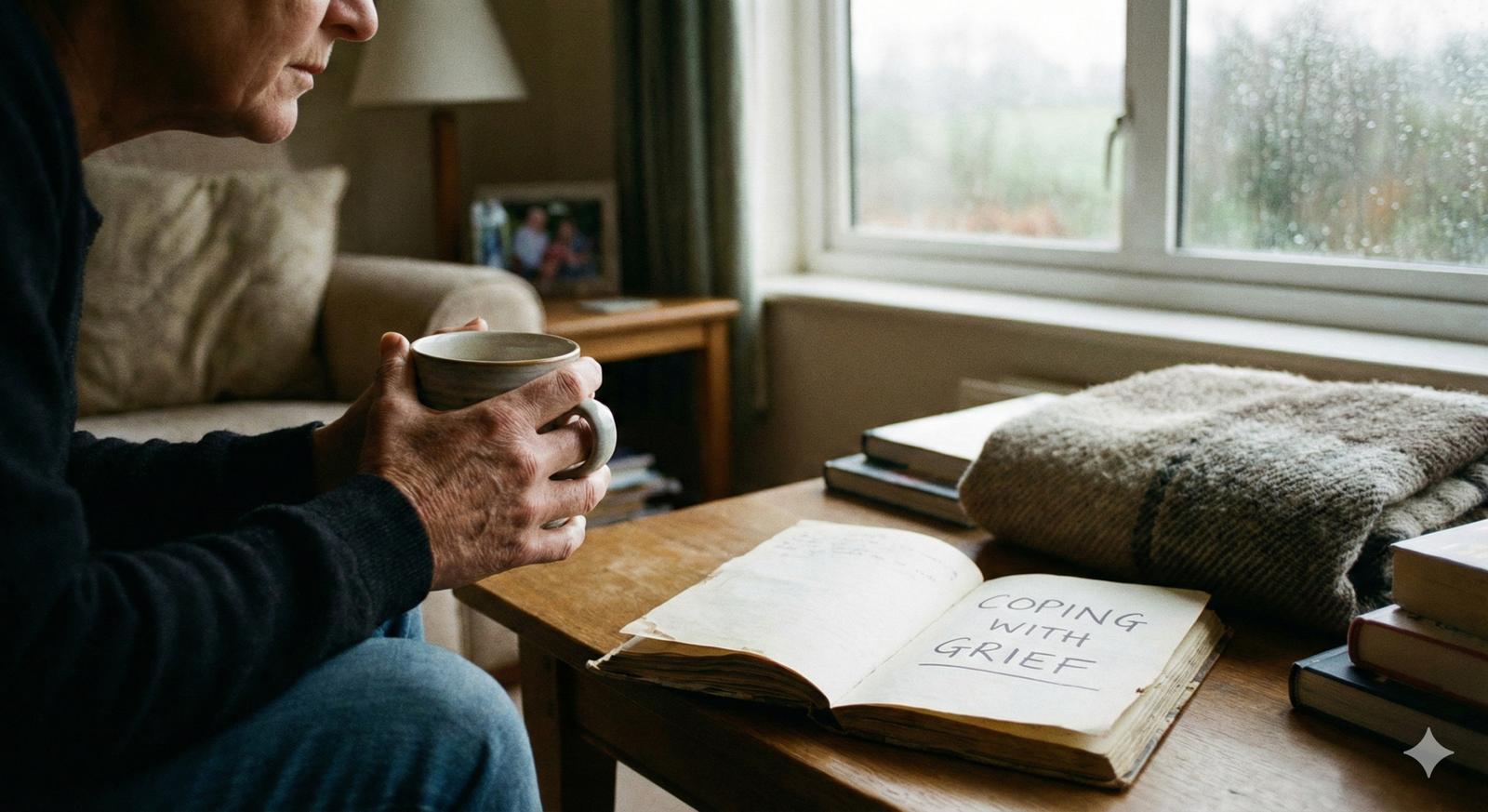 A person holding a warm cup by a rainy window, sitting next to an open journal with the handwritten words "Coping with Grief" on the page.