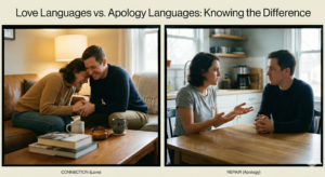 A two-panel photo with a film border, titled "Love Languages vs. Apology Languages: Knowing the Difference". The left panel, labeled "CONNECTION (Love)", shows a smiling couple holding hands on a couch in a warm living room. The right panel, labeled "REPAIR (Apology)", shows the same couple with serious expressions, sitting across from each other at a kitchen table as if in a deep conversation.