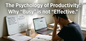 A person sits at a cluttered wooden desk with their head in their hands, appearing overwhelmed in front of an open laptop and notebooks. A whiteboard with handwritten tasks sits beside them. Large white text overlay reads: "The Psychology of Productivity: Why 'Busy' is not 'Effective.'"