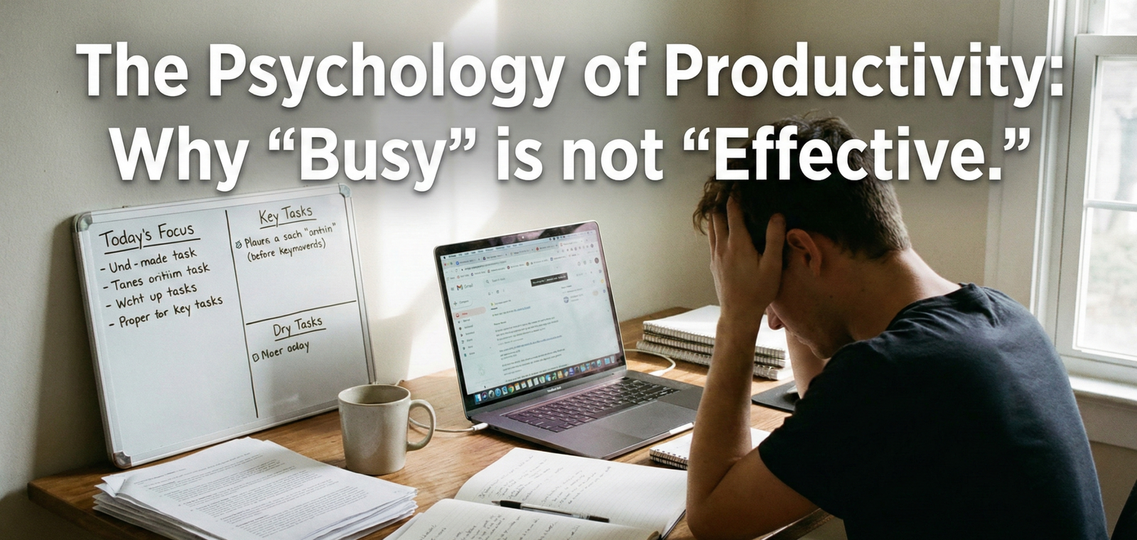 A person sits at a cluttered wooden desk with their head in their hands, appearing overwhelmed in front of an open laptop and notebooks. A whiteboard with handwritten tasks sits beside them. Large white text overlay reads: "The Psychology of Productivity: Why 'Busy' is not 'Effective.'"