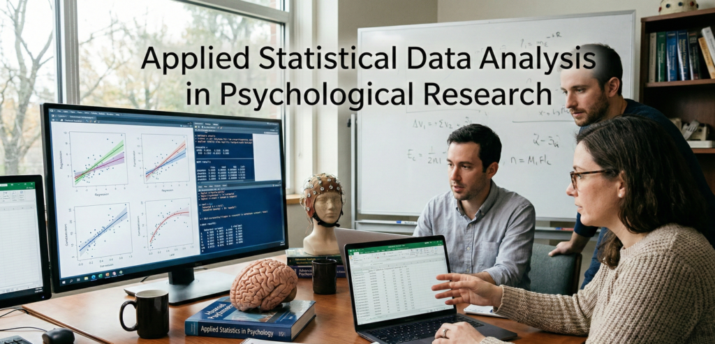 Three researchers collaborating over data visualizations on a desktop monitor and laptop in a lab setting with a brain model, illustrating applied statistical data analysis in psychological research.