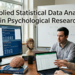 Three researchers collaborating over data visualizations on a desktop monitor and laptop in a lab setting with a brain model, illustrating applied statistical data analysis in psychological research.
