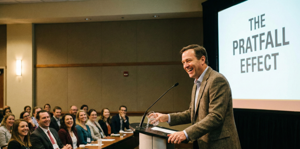 A competent professional speaker smiling warmly at an audience after accidentally spilling a glass of water on a podium, illustrating the Pratfall Effect psychological phenomenon.