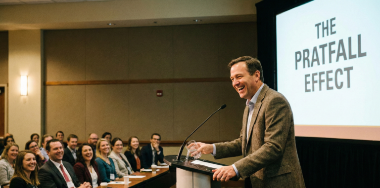 A competent professional speaker smiling warmly at an audience after accidentally spilling a glass of water on a podium, illustrating the Pratfall Effect psychological phenomenon.