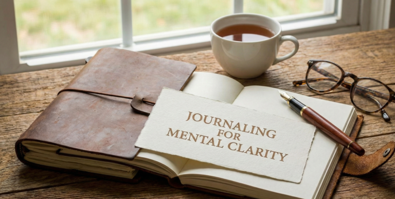A realistic flat-lay photo of an open notebook on a wooden desk with a fountain pen, reading glasses, and a cup of coffee. The text "Journaling for Mental Clarity" is written on the page.