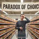 An overwhelmed man stands in a supermarket aisle packed with hundreds of pasta sauce jars, holding an empty basket under a banner that reads "PARADOX OF CHOICE".