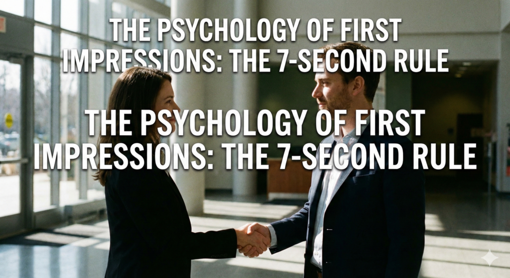 7-second rule psychology illustration showing a professional handshake and positive body language between a man and a woman.