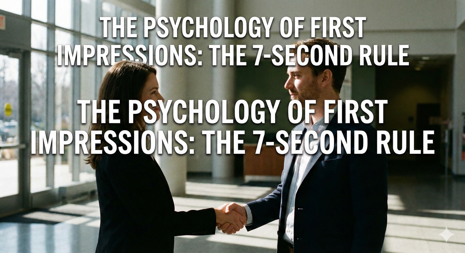 7-second rule psychology illustration showing a professional handshake and positive body language between a man and a woman.