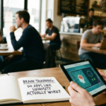 Candid photo of a man in a coffee shop looking skeptically at a tablet running brain training apps, next to a notebook asking "Brain Training: Do apps like Lumosity actually work?".