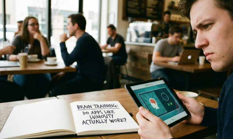 Candid photo of a man in a coffee shop looking skeptically at a tablet running brain training apps, next to a notebook asking "Brain Training: Do apps like Lumosity actually work?".