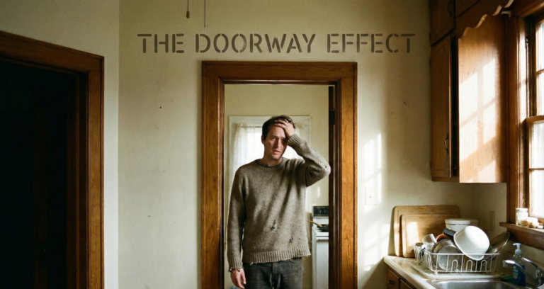 A person pauses in a doorway between a living room and a kitchen, holding a hand to their head with a confused expression, illustrating the psychological phenomenon of forgetting why they entered the room.