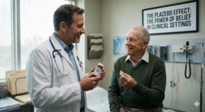 A realistic photograph of a smiling doctor and an elderly patient in an exam room. The patient is holding a single white pill with a look of hope. A framed sign on the wall reads "THE PLACEBO EFFECT: THE POWER OF BELIEF IN CLINICAL SETTINGS".