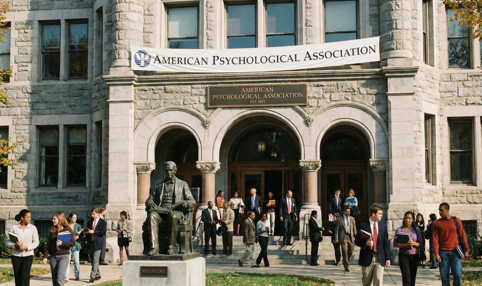 A diverse group of professionals and students walking outside a classic stone academic building with a large banner reading American Psychological Association.