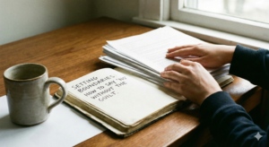 A high-angle, photorealistic shot of a wooden desk featuring a ceramic coffee mug and an open journal. A person's hands rest gently on the pages, where the phrase "SETTING BOUNDARIES: HOW TO SAY 'NO' WITHOUT THE GUILT" is written in clear, handwritten text.