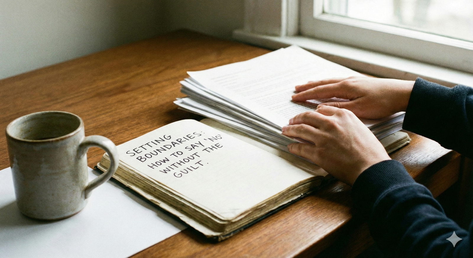 A high-angle, photorealistic shot of a wooden desk featuring a ceramic coffee mug and an open journal. A person's hands rest gently on the pages, where the phrase "SETTING BOUNDARIES: HOW TO SAY 'NO' WITHOUT THE GUILT" is written in clear, handwritten text.