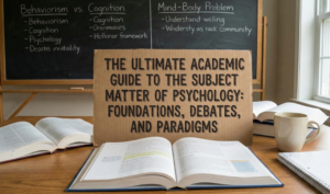 A study desk with open academic textbooks, a notebook, a coffee mug, and a cardboard sign reading "The Ultimate Academic Guide to the Subject Matter of Psychology: Foundations, Debates, and Paradigms", with a chalkboard showing psychological theories in the background