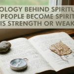 An open journal with handwritten notes, a compass, and a dry leaf resting on a wooden windowsill, with the text overlay: "PSYCHOLOGY BEHIND SPIRITUALITY: WHY PEOPLE BECOME SPIRITUAL? IS THIS STRENGTH OR WEAKNESS?"