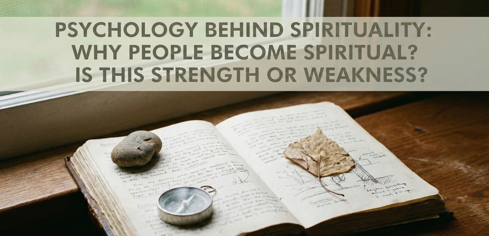 An open journal with handwritten notes, a compass, and a dry leaf resting on a wooden windowsill, with the text overlay: "PSYCHOLOGY BEHIND SPIRITUALITY: WHY PEOPLE BECOME SPIRITUAL? IS THIS STRENGTH OR WEAKNESS?"