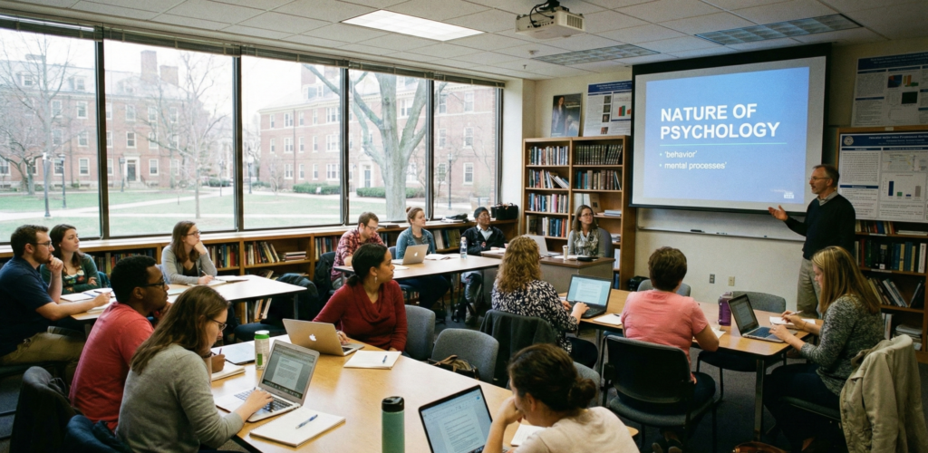 A university professor teaching a classroom of graduation and post-graduation students with a projector screen displaying the text Nature of Psychology.