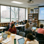 A university professor teaching a classroom of graduation and post-graduation students with a projector screen displaying the text Nature of Psychology.