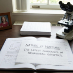 A realistic high-angle shot of a psychology researcher's wooden desk featuring a DNA double helix model, a microscope, a framed photo of identical twins, and an open notebook with handwritten text reading "Nature vs. Nurture: The Latest Consensus in Behavioral Genetics."