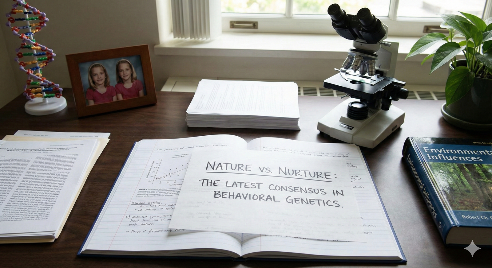 A realistic high-angle shot of a psychology researcher's wooden desk featuring a DNA double helix model, a microscope, a framed photo of identical twins, and an open notebook with handwritten text reading "Nature vs. Nurture: The Latest Consensus in Behavioral Genetics."