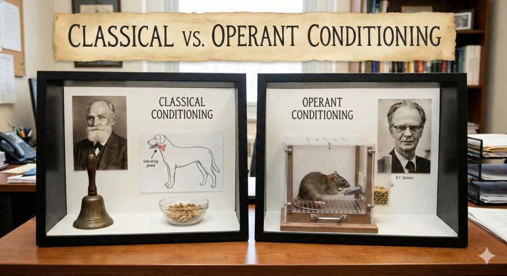 An image comparing two museum-style shadow boxes on a wooden desk, under a banner that reads "CLASSICAL VS. OPERANT CONDITIONING". The left box, labeled "CLASSICAL CONDITIONING," shows a portrait of Ivan Pavlov, a diagram of a dog with a salivating gland, a bell, and a bowl of food. The right box, labeled "OPERANT CONDITIONING," features a portrait of B.F. Skinner and a rat in a clear "Skinner box" pressing a lever for food pellets.