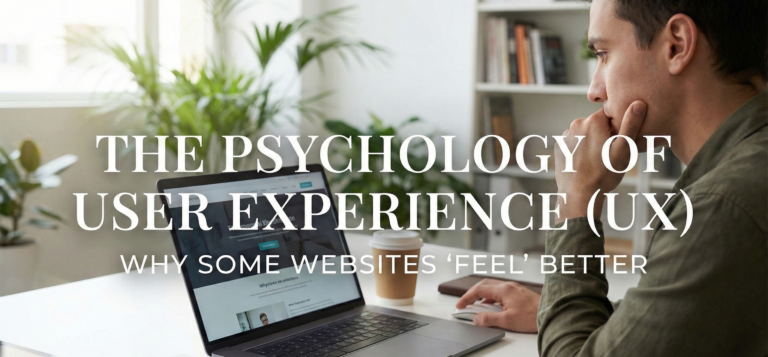 A thoughtful man looking at a laptop screen displaying a website, with the text overlay "THE PSYCHOLOGY OF USER EXPERIENCE (UX) WHY SOME WEBSITES 'FEEL' BETTER". A notebook with a brain sketch is visible on the desk.