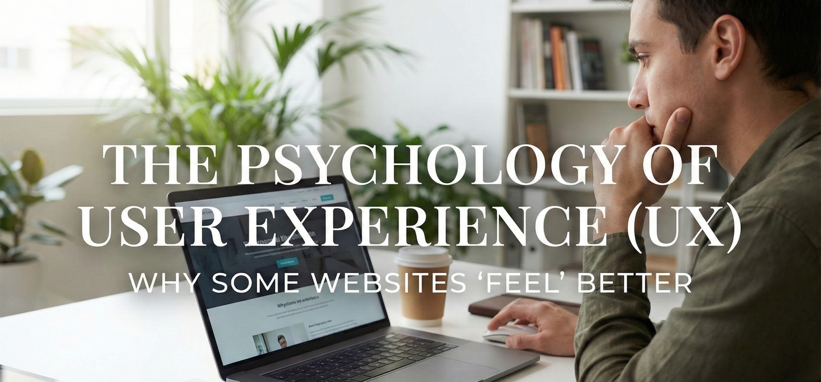 A thoughtful man looking at a laptop screen displaying a website, with the text overlay "THE PSYCHOLOGY OF USER EXPERIENCE (UX) WHY SOME WEBSITES 'FEEL' BETTER". A notebook with a brain sketch is visible on the desk.