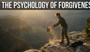 A man stands at the edge of a deep canyon at sunrise, dropping a large, heavy rock into the abyss below. Dust rises as the stone falls. His backpack rests on the ground behind him. This image is a visual metaphor for the psychological act of forgiveness&mdash;releasing heavy emotional burdens, grudges, and resentment to find personal freedom and peace.