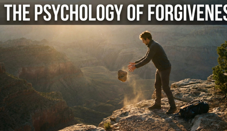 A man stands at the edge of a deep canyon at sunrise, dropping a large, heavy rock into the abyss below. Dust rises as the stone falls. His backpack rests on the ground behind him. This image is a visual metaphor for the psychological act of forgiveness—releasing heavy emotional burdens, grudges, and resentment to find personal freedom and peace.