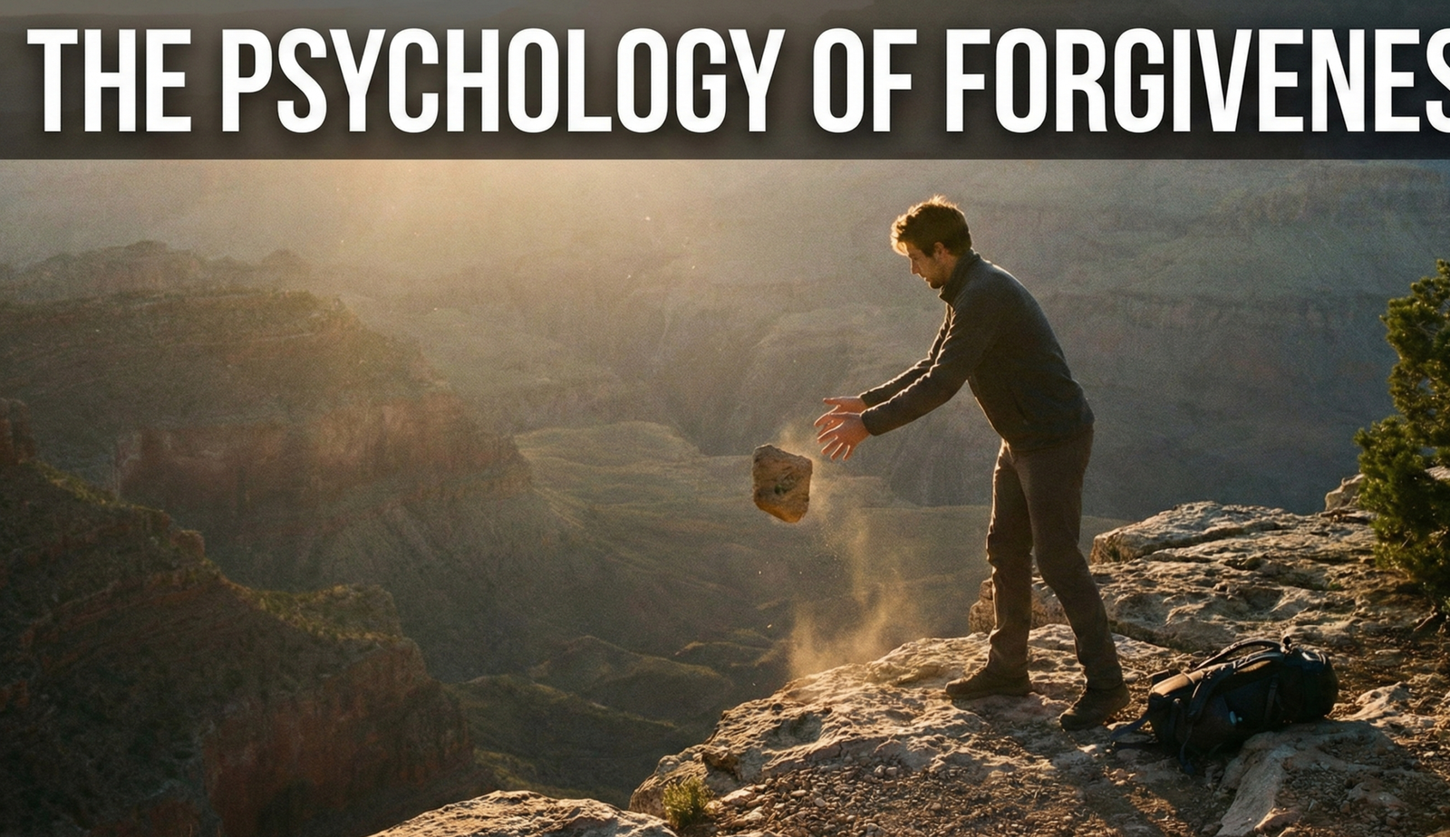 A man stands at the edge of a deep canyon at sunrise, dropping a large, heavy rock into the abyss below. Dust rises as the stone falls. His backpack rests on the ground behind him. This image is a visual metaphor for the psychological act of forgiveness—releasing heavy emotional burdens, grudges, and resentment to find personal freedom and peace.