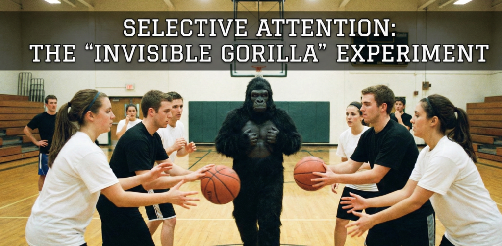 An illustration of the Invisible Gorilla experiment showing a group of people passing basketballs in a gym while a person in a gorilla suit walks unnoticed in the center, demonstrating inattentional blindness.