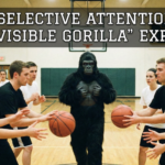 An illustration of the Invisible Gorilla experiment showing a group of people passing basketballs in a gym while a person in a gorilla suit walks unnoticed in the center, demonstrating inattentional blindness.
