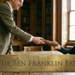 Two men in a vintage library exchanging a book with a brass title plate in the foreground reading The Ben Franklin Effect.