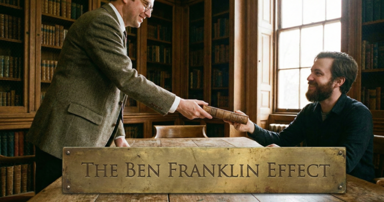 Two men in a vintage library exchanging a book with a brass title plate in the foreground reading The Ben Franklin Effect.