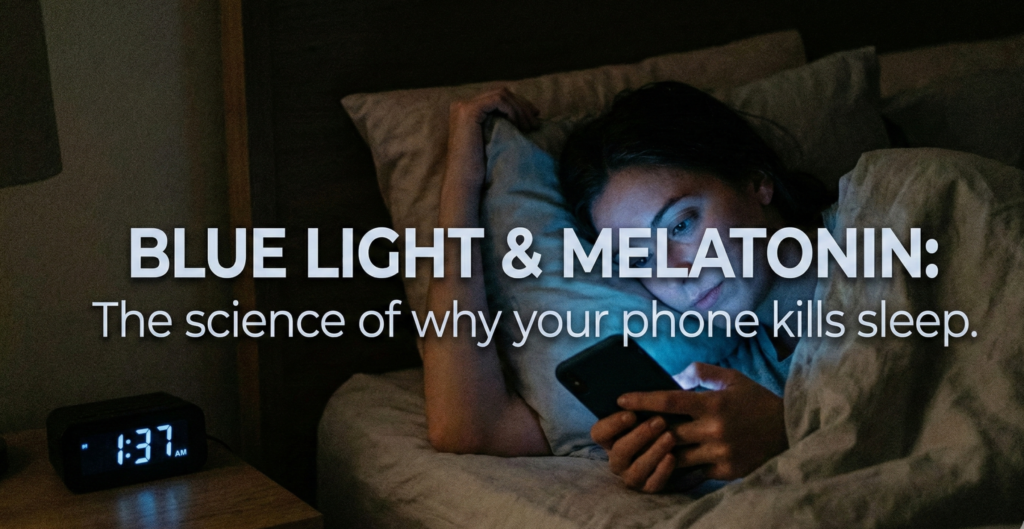 A person lying in bed at night with a smartphone illuminating their face with blue light, next to a digital clock reading 1:37 AM. Text overlay reads: "BLUE LIGHT & MELATONIN: The science of why your phone kills sleep."