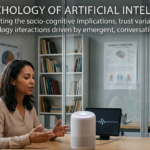 A woman interacting with a conversational AI smart speaker while a researcher observes and takes notes in a psychology lab, illustrating the study of human-AI socio-cognitive implications.