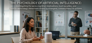 A woman interacting with a conversational AI smart speaker while a researcher observes and takes notes in a psychology lab, illustrating the study of human-AI socio-cognitive implications.